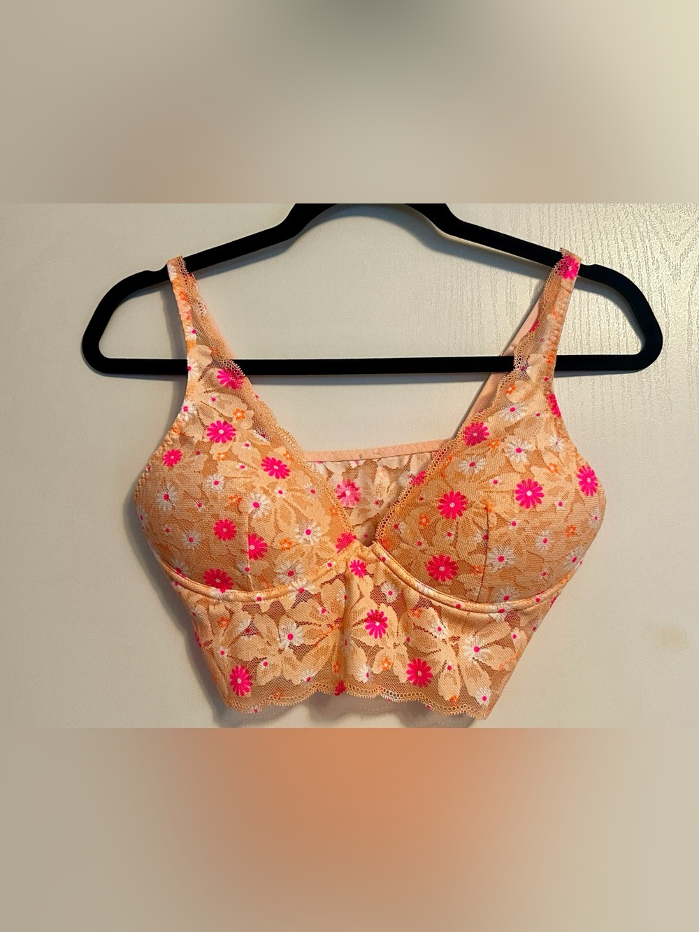 PINK Victoria's Secret Peach Lace Bralette with Hot Pink Floral Embroidery